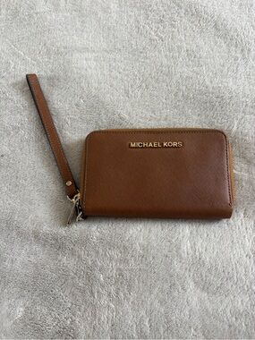 Michael Kors Cognac Leather Wristlet Wallet with Gold Logo